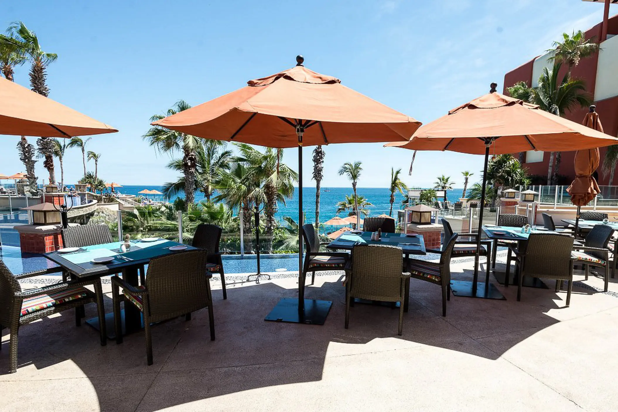 Outdoor restaurant terrace with orange umbrellas at Hyatt Sirena del Mar, Cabo San Lucas