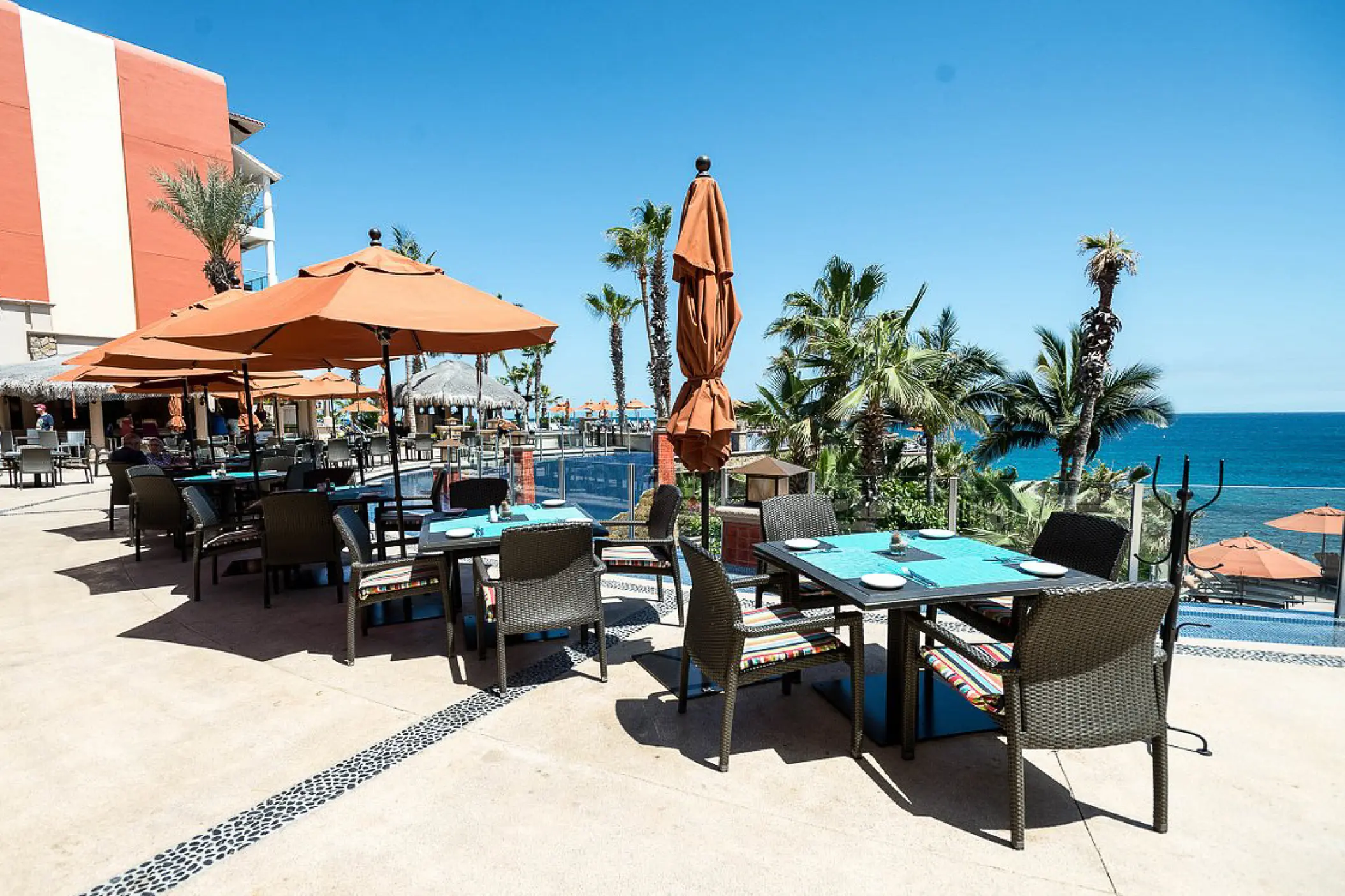Outdoor patio dining at Hyatt Vacation Club at Sirena del Mar overlooking the ocean, Cabo San Lucas