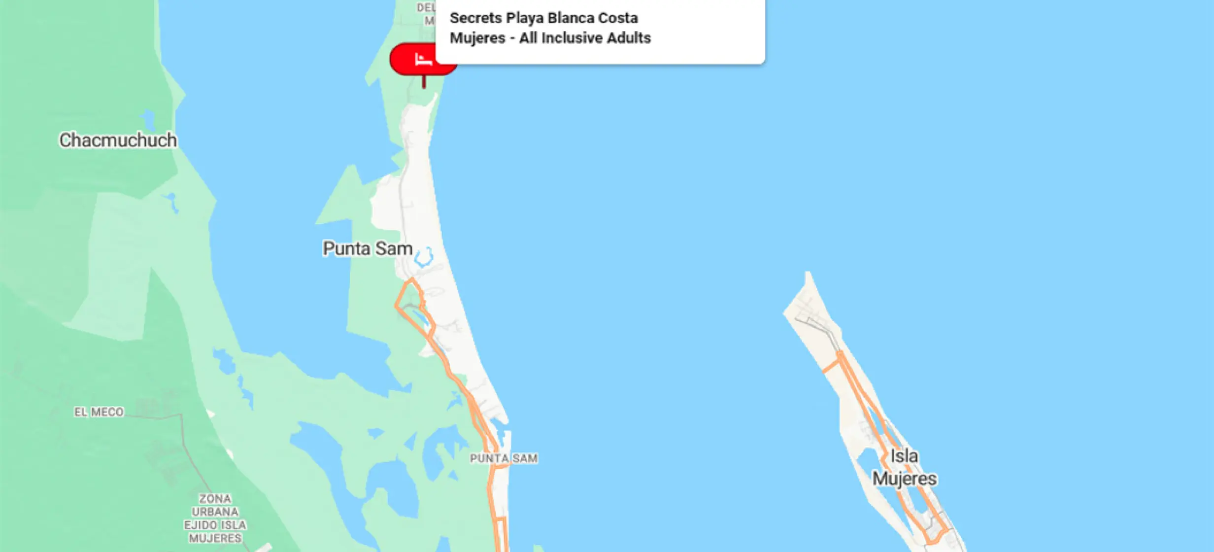 Map showing the location of Secrets Playa Blanca Costa Mujeres near Cancun