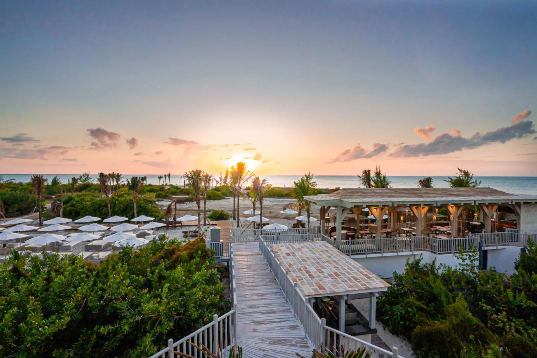 St. Somewhere Resort Holbox beach area and outdoor restaurant at sunset, Isla Holbox