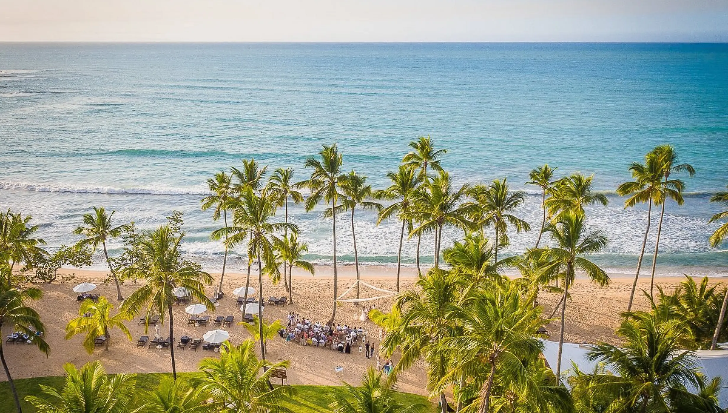 Aerial view of a ceremony on the beach at Sublime samana Las Terrenas