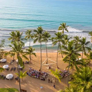 Aerial view of a beach wedding ceremony under palm trees at Sublime Samaná, Samana