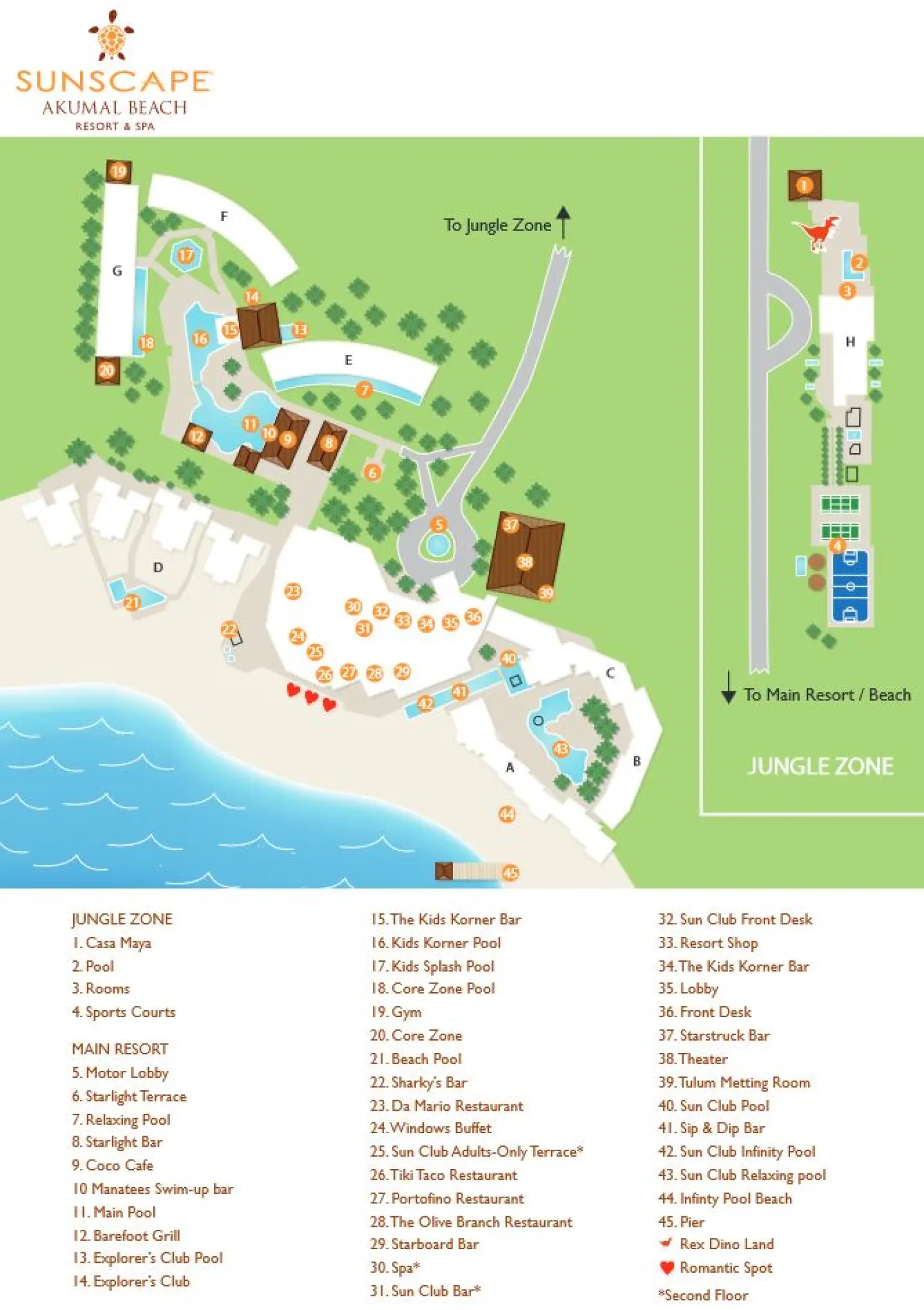 Map of Sunscape Akumal Beach in Tulum showing the main resort, beachfront, and jungle zone