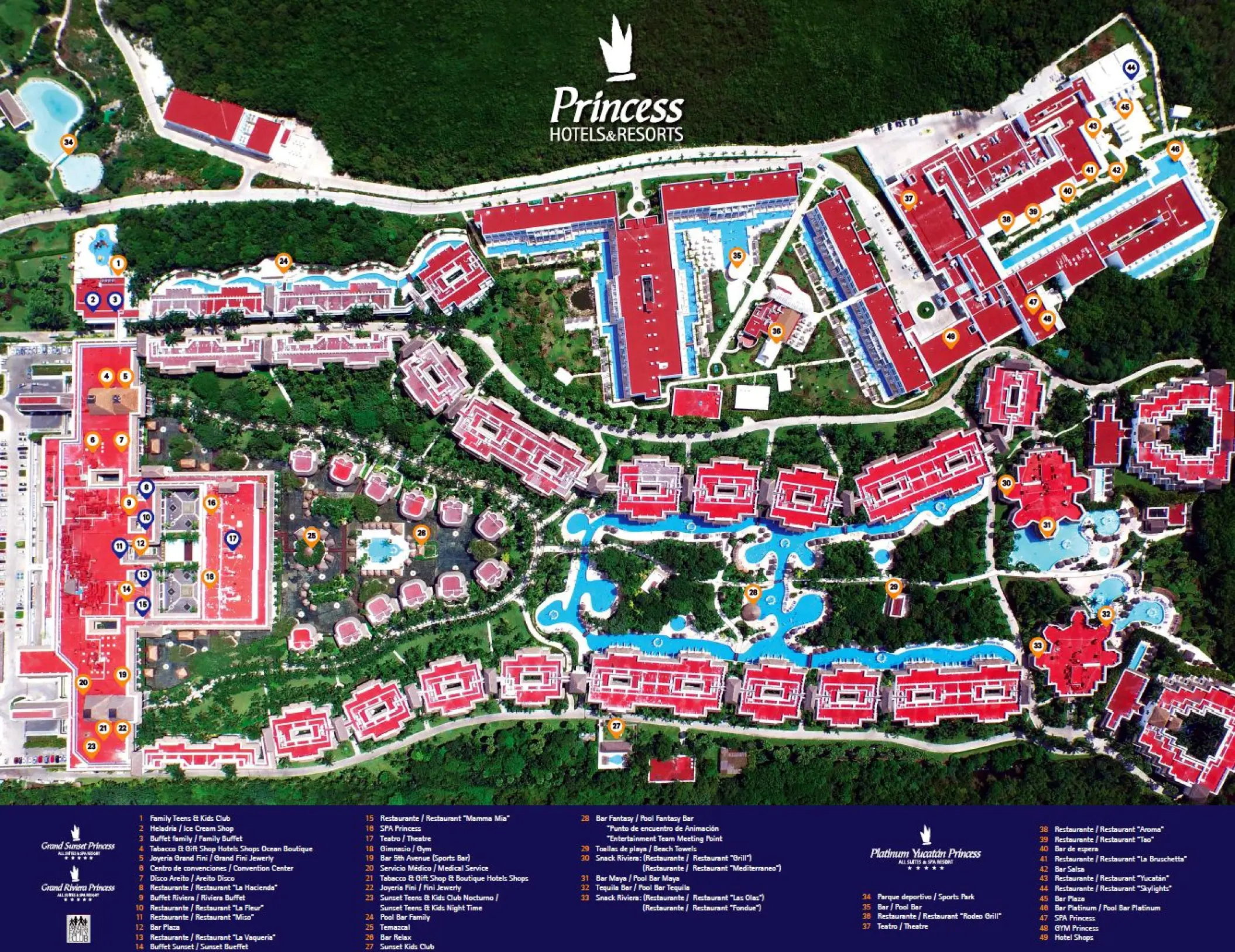 Illustrated resort map showing the layout and facilities of Grand Riviera Princess, Playa Del Carmen
