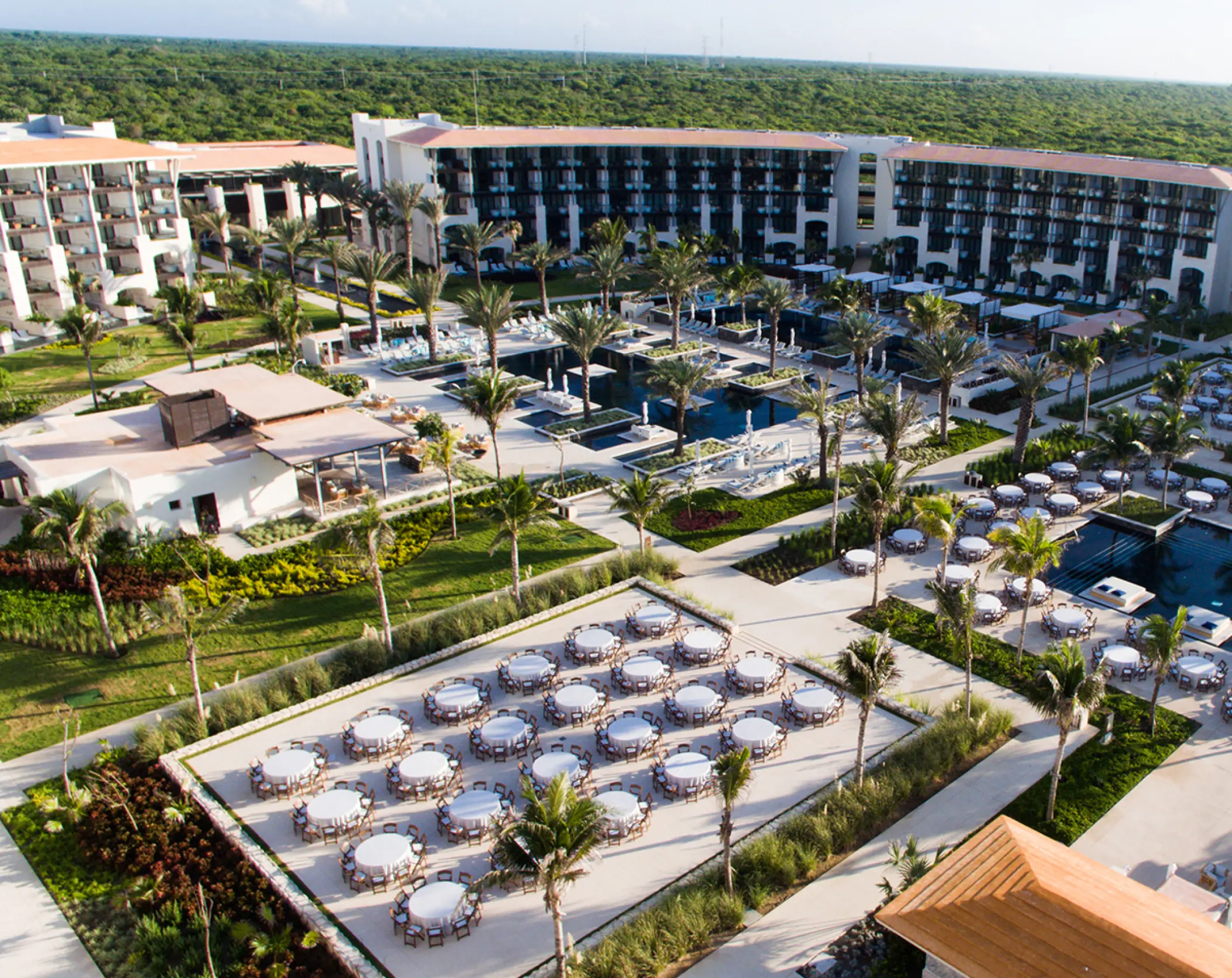 Aerial view of the Nayaden Terrace wedding reception setup at UNICO 20°87°, Riviera Maya