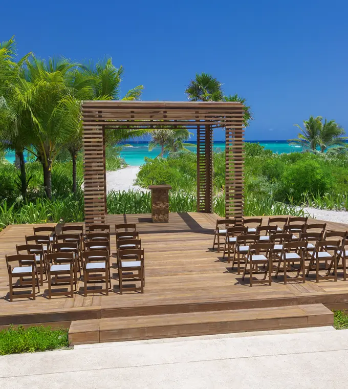 Wooden gazebo wedding ceremony setup at UNICO 20°87°, Riviera Maya