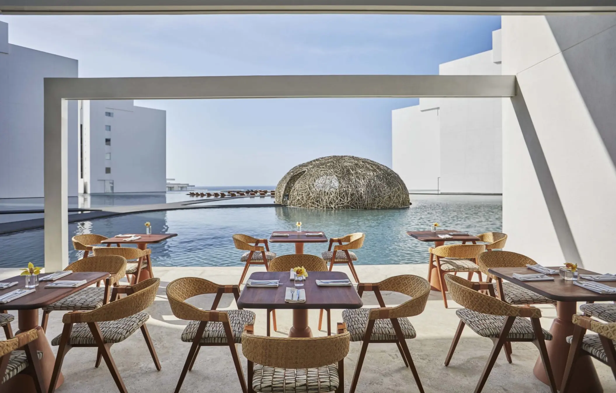 Casero restaurant reception venue overlooking the reflection pool at Viceroy Los Cabos, Cabo San Lucas