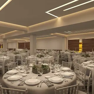 Indoor wedding reception setup in the ballroom at Viceroy Los Cabos, Cabo San Lucas