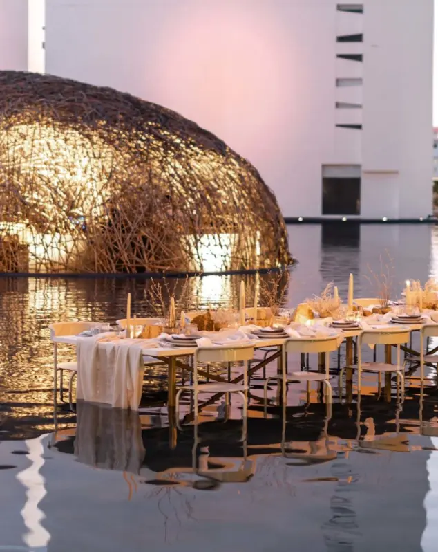 Wedding reception at Viceroy Los Cabos beside the Nido structure and reflecting pool, Cabo San Lucas
