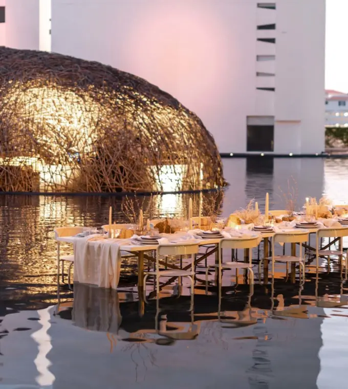 Wedding reception at Viceroy Los Cabos beside the Nido structure and reflecting pool, Cabo San Lucas