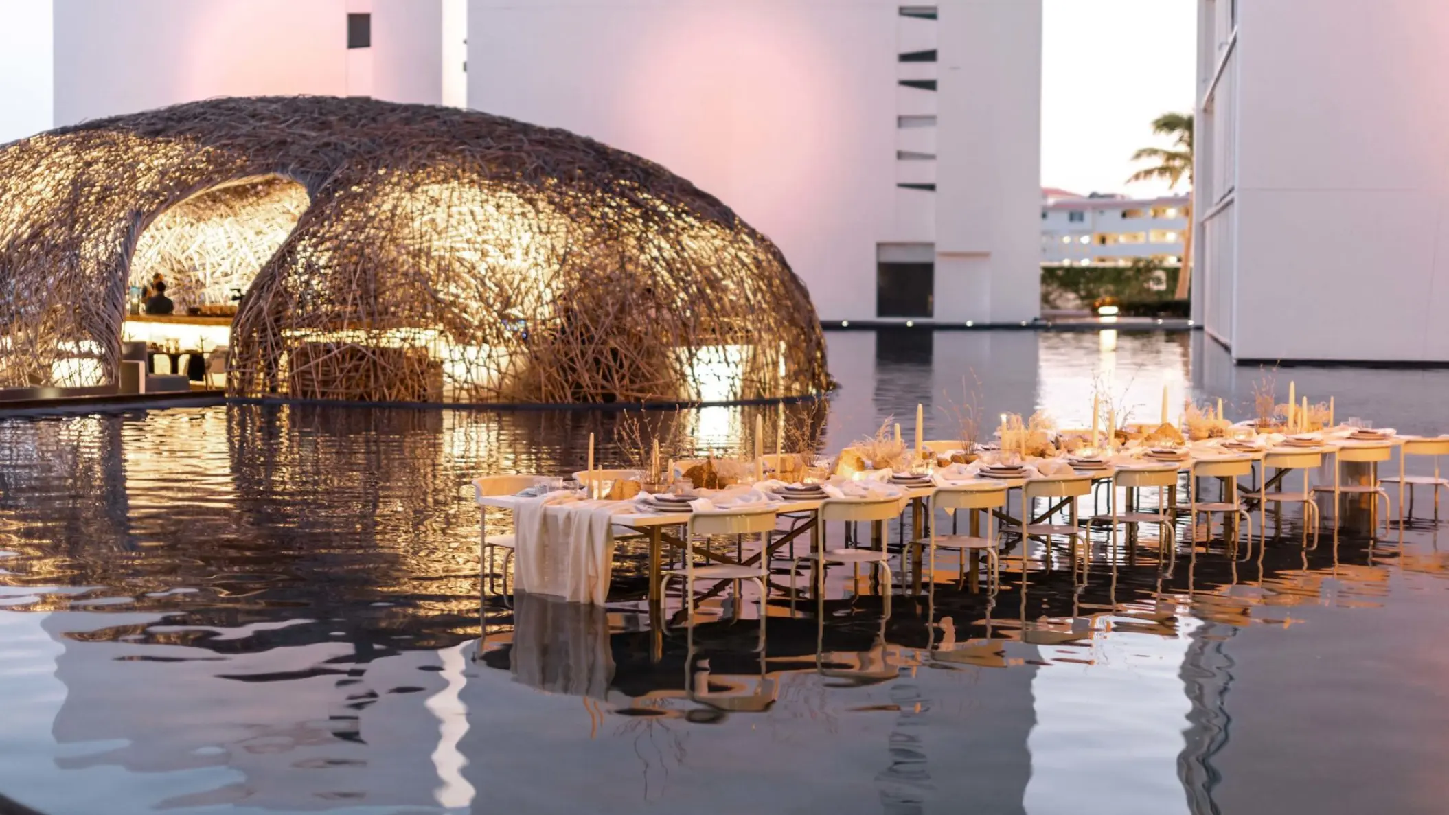 Wedding reception at Viceroy Los Cabos beside the Nido structure and reflecting pool, Cabo San Lucas