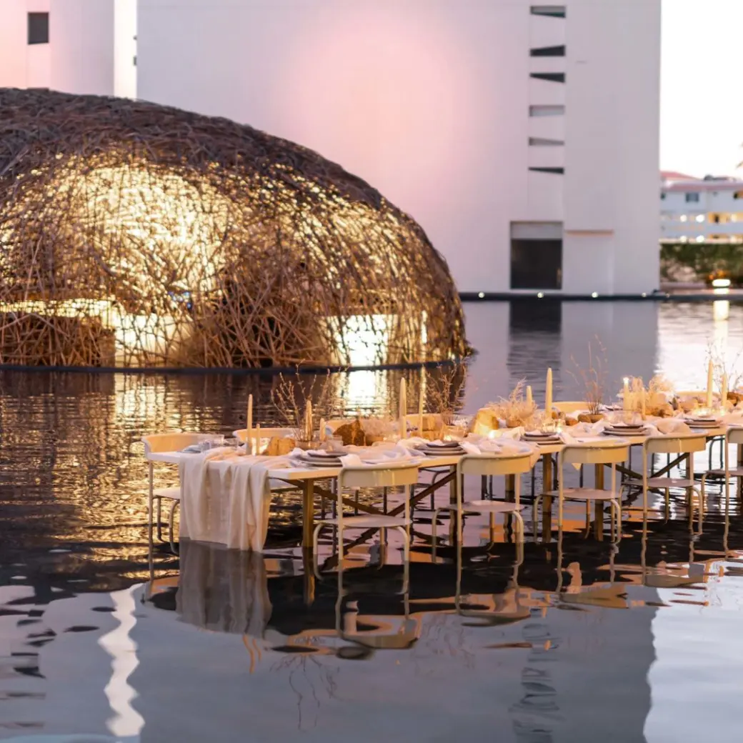 Wedding reception at Viceroy Los Cabos beside the Nido structure and reflecting pool, Cabo San Lucas