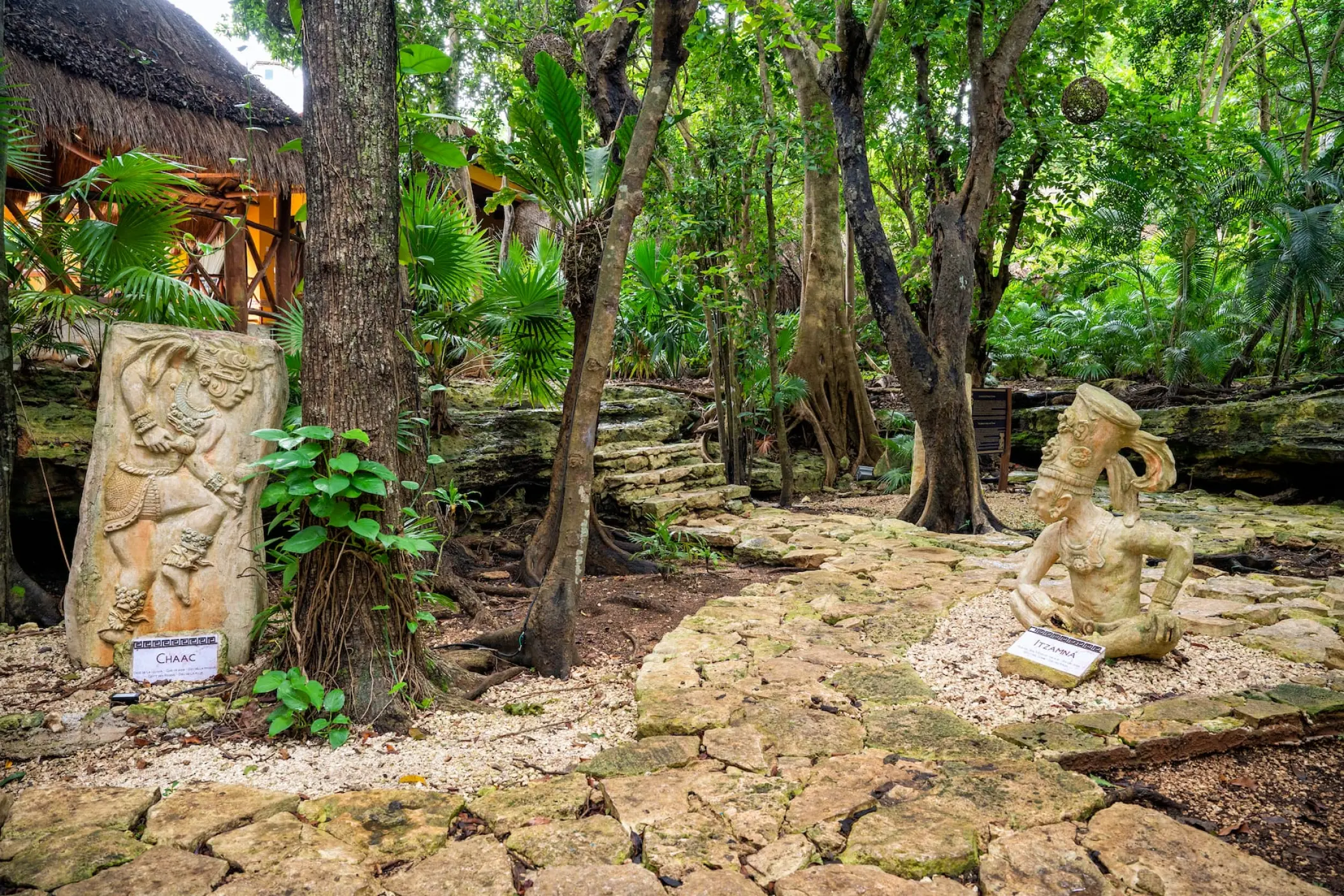 Stone statues along a jungle pathway at Viva Maya by Wyndham, Playa Del Carmen