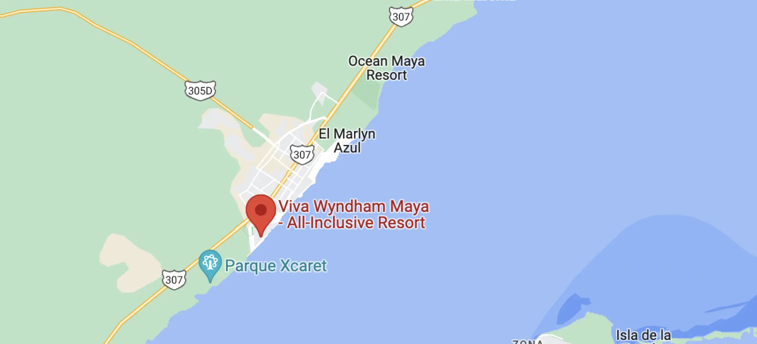 Map screenshot showing the beachfront location of Viva Maya by Wyndham in Playa Del Carmen