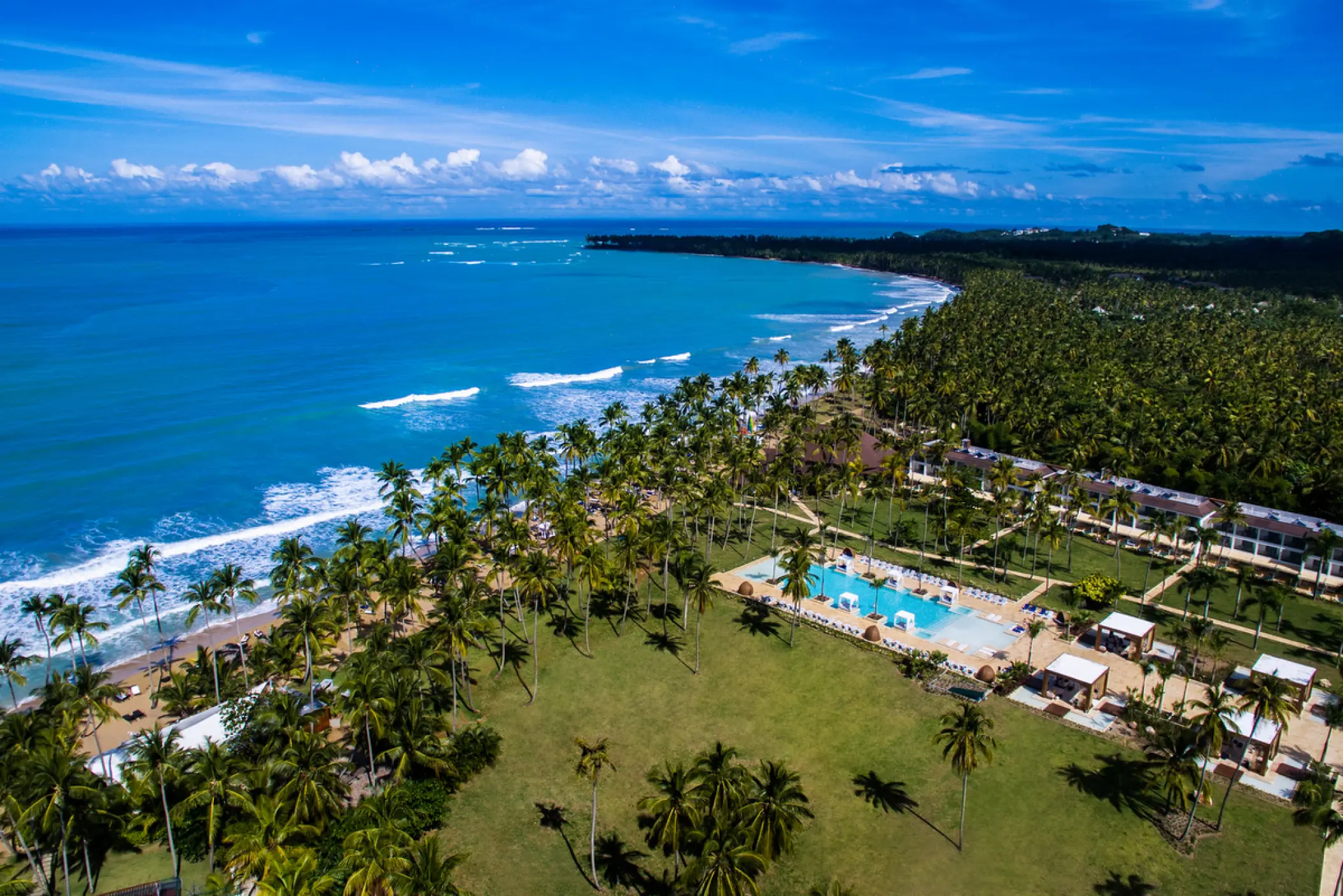 Aerial view of the pool and beachfront grounds at Viva V Samana, Samana