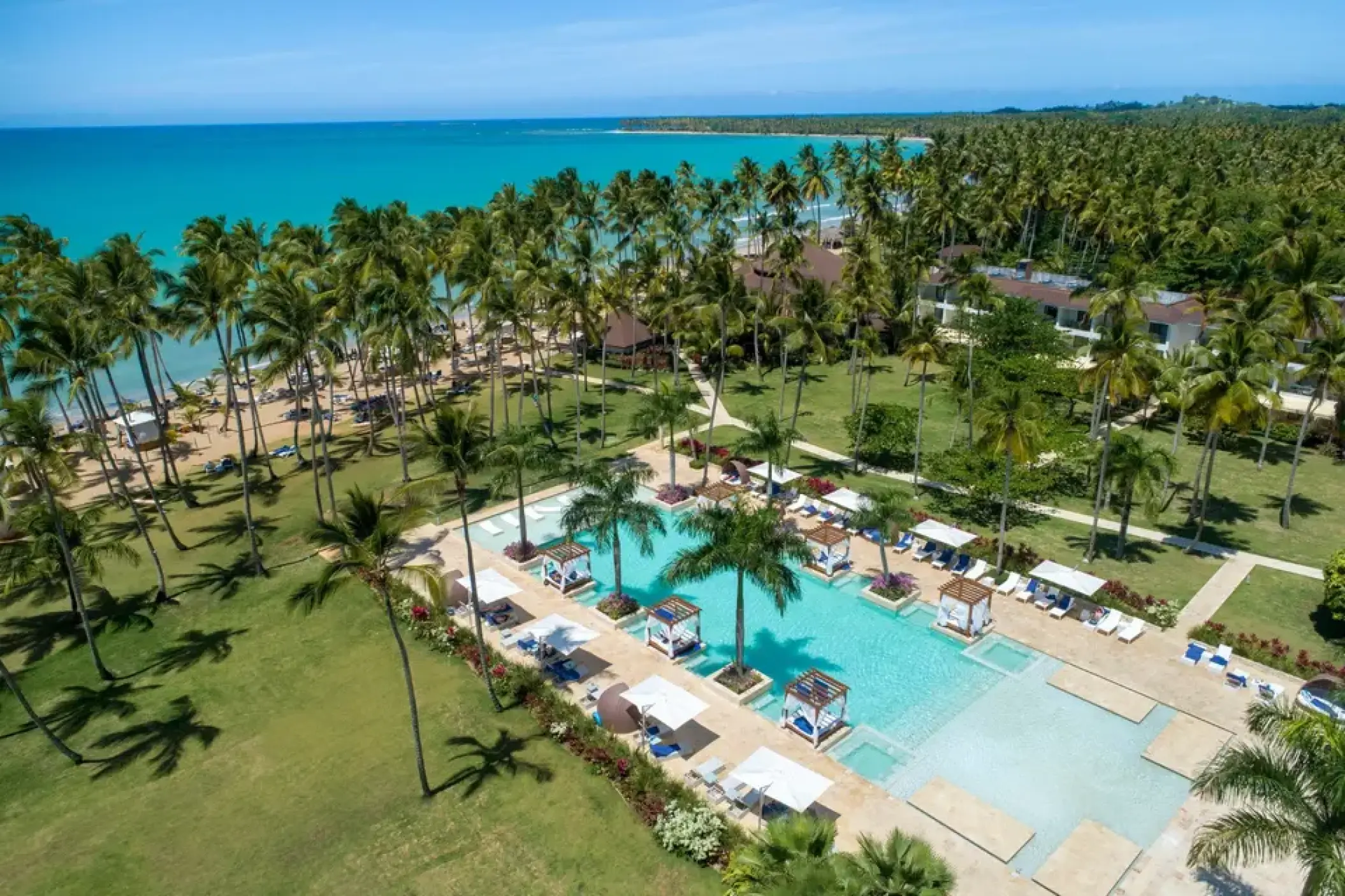 Aerial view of Viva V Samana swimming pool and palm-lined beach, Samana