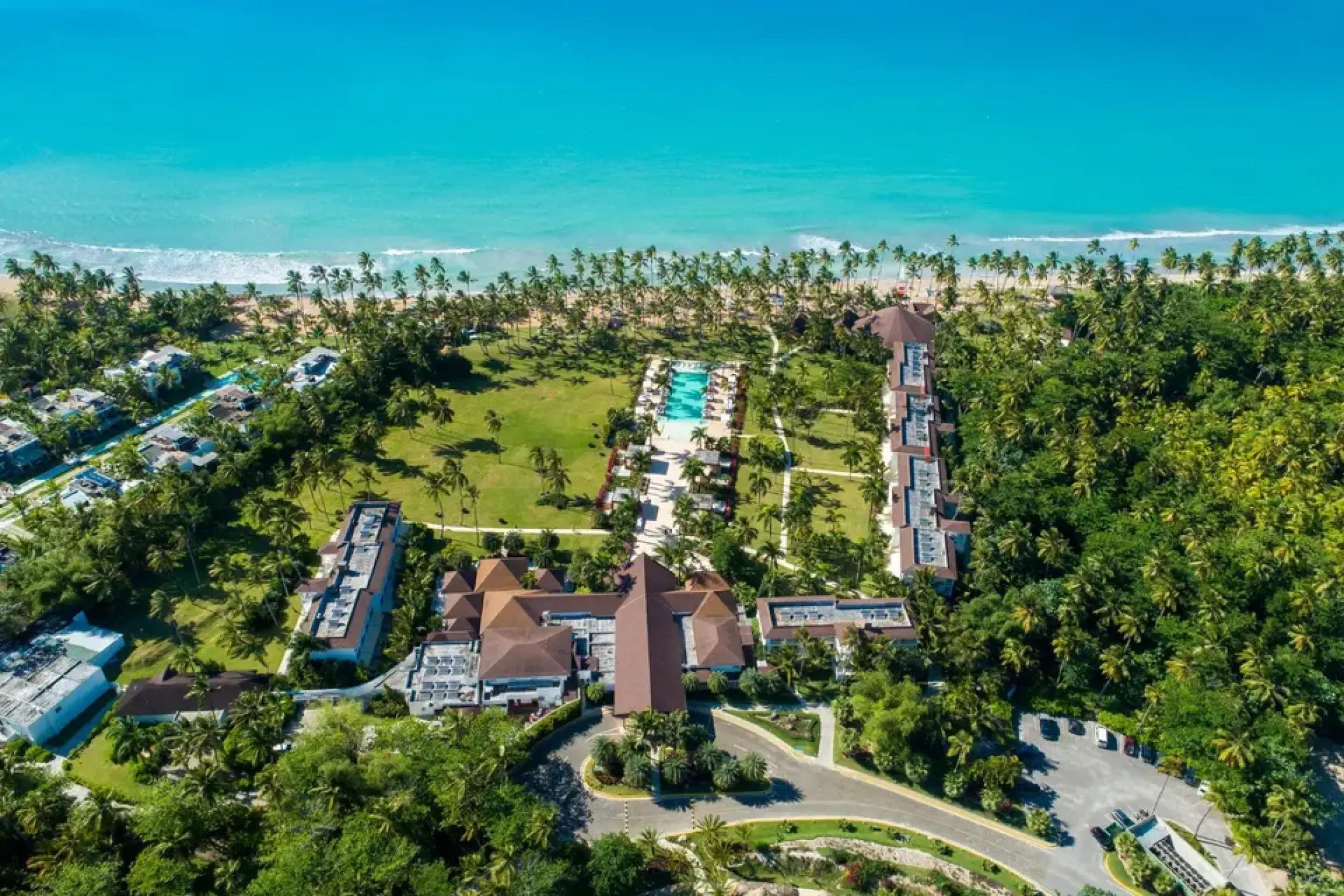 Aerial view of Viva V Samana grounds and swimming pool by the beach, Samana