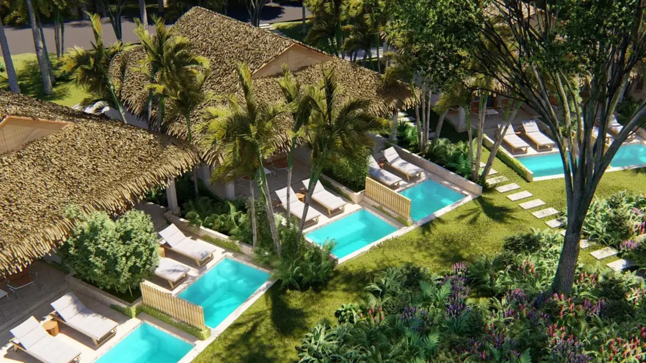 Bungalow suites with private plunge pools and thatched roofs at Viva V Samana, Samana
