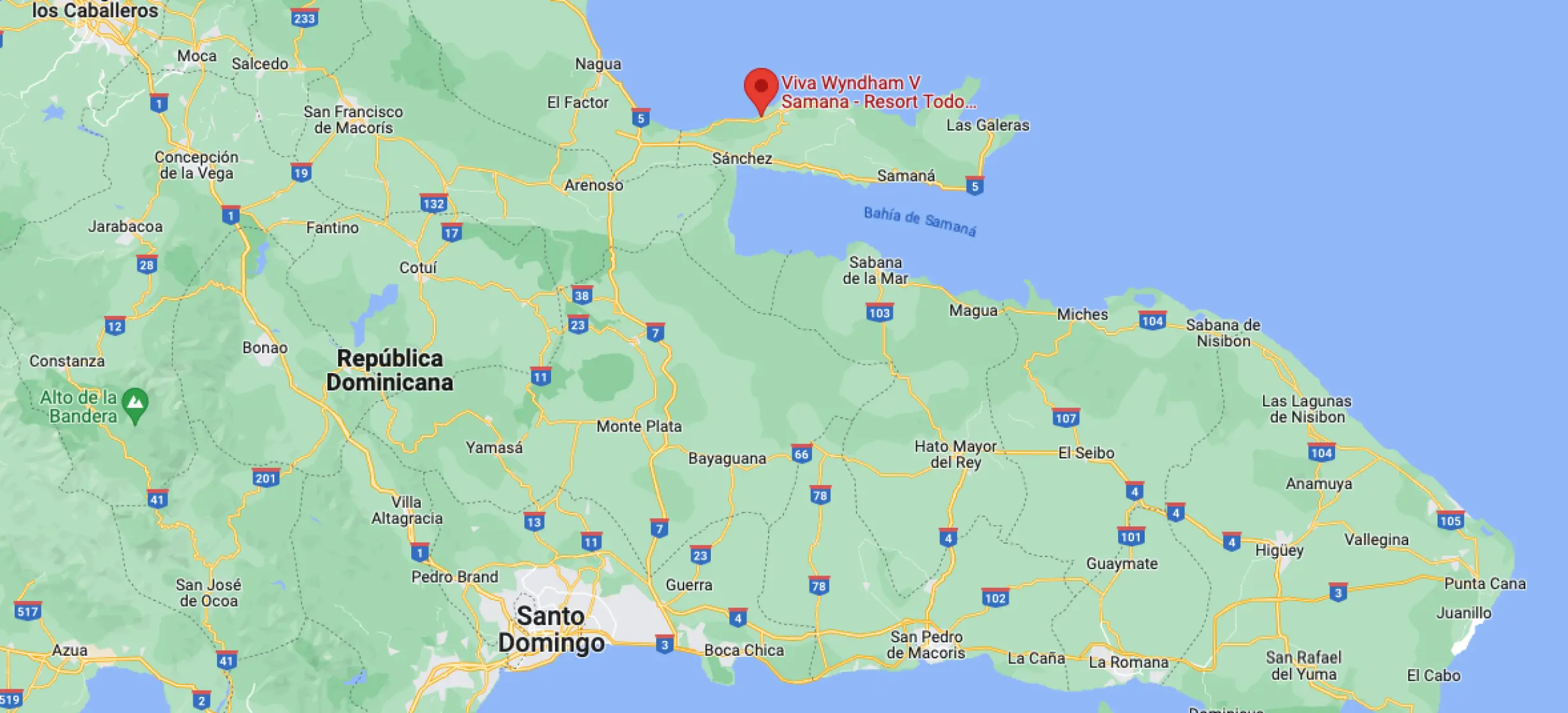 Map screenshot showing the location of Viva V Samana in the Samana region of the Dominican Republic