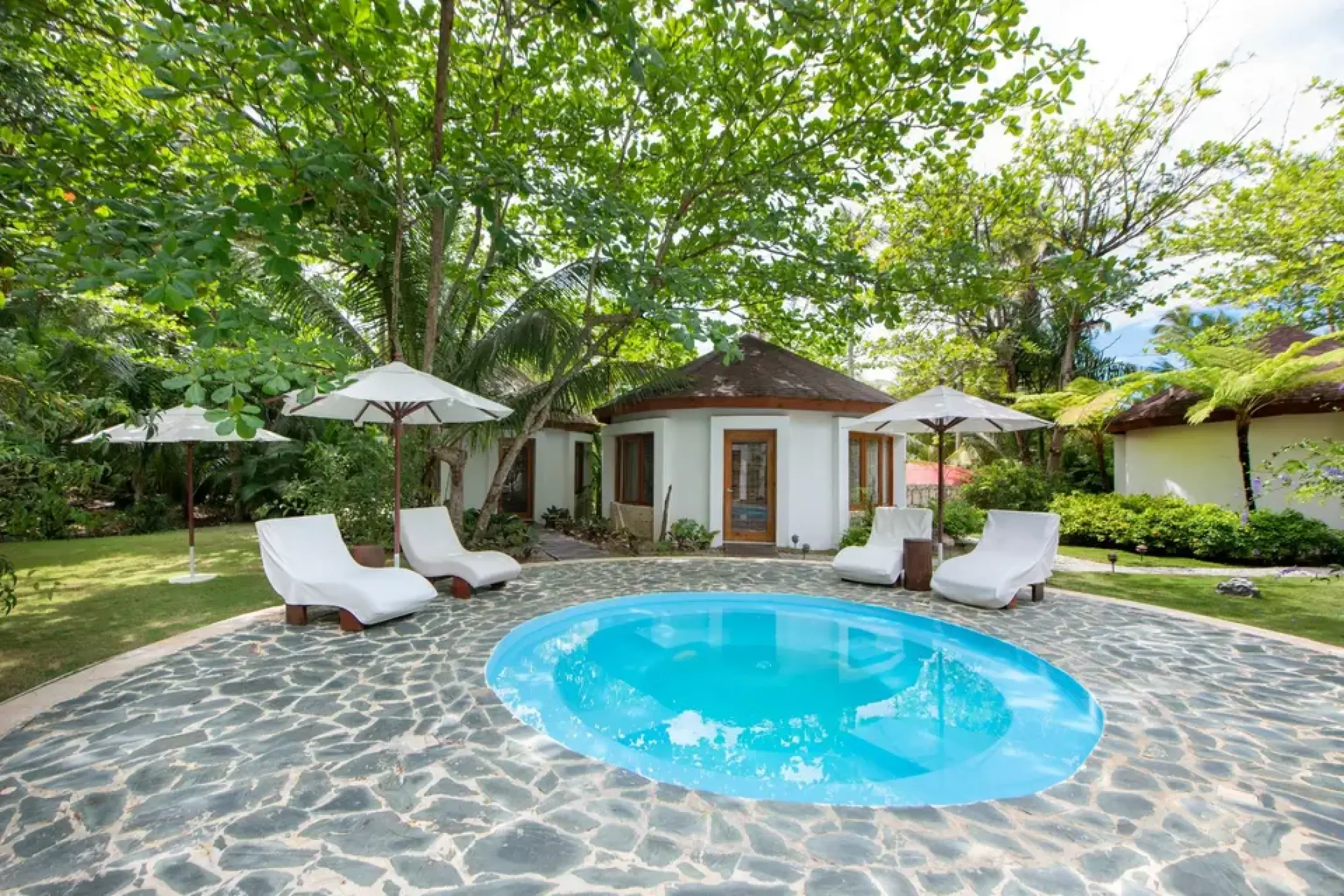 Spa garden with a small circular pool and white lounge chairs at Viva V Samana, Samana