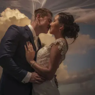 The bride and groom kissing under a flowing veil at Haven Riviera Cancun, Riviera Maya
