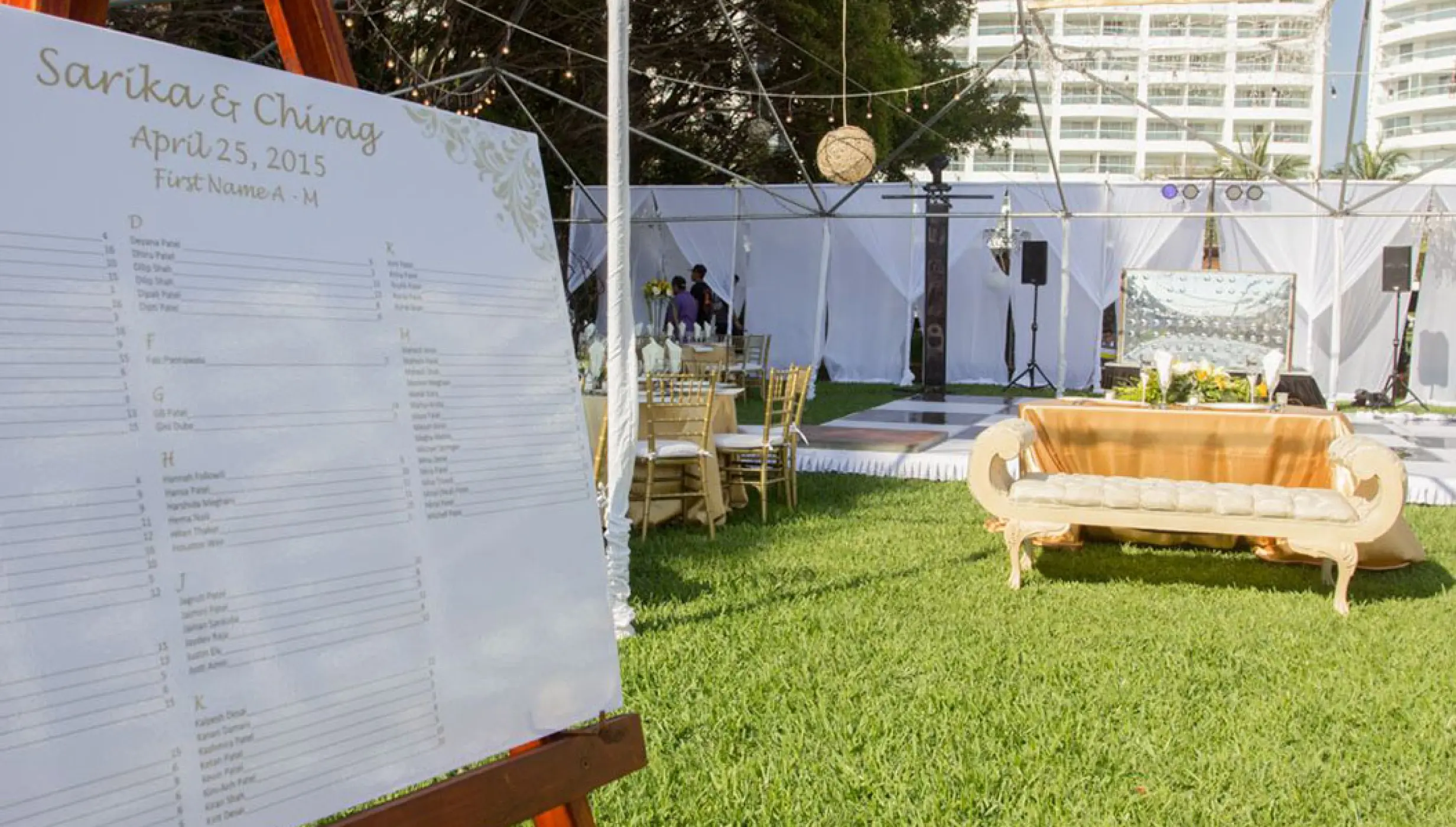 Wedding seating chart at an outdoor garden venue at Wyndham Alltra Riviera Nayarit, Puerto Vallarta