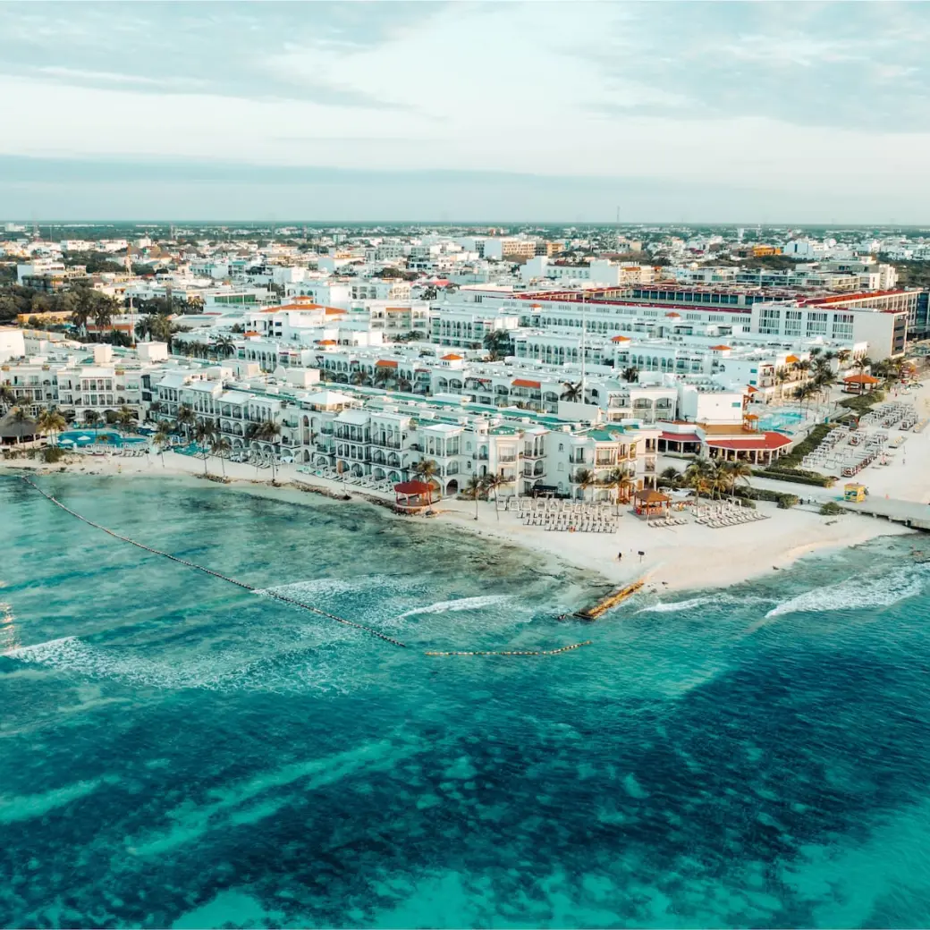 Aerial view of Wyndham Alltra Playa del Carmen and the turquoise Caribbean coastline, Playa Del Carmen
