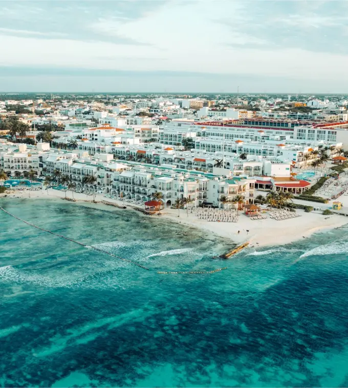 Aerial view of Wyndham Alltra Playa del Carmen and the turquoise Caribbean coastline, Playa Del Carmen