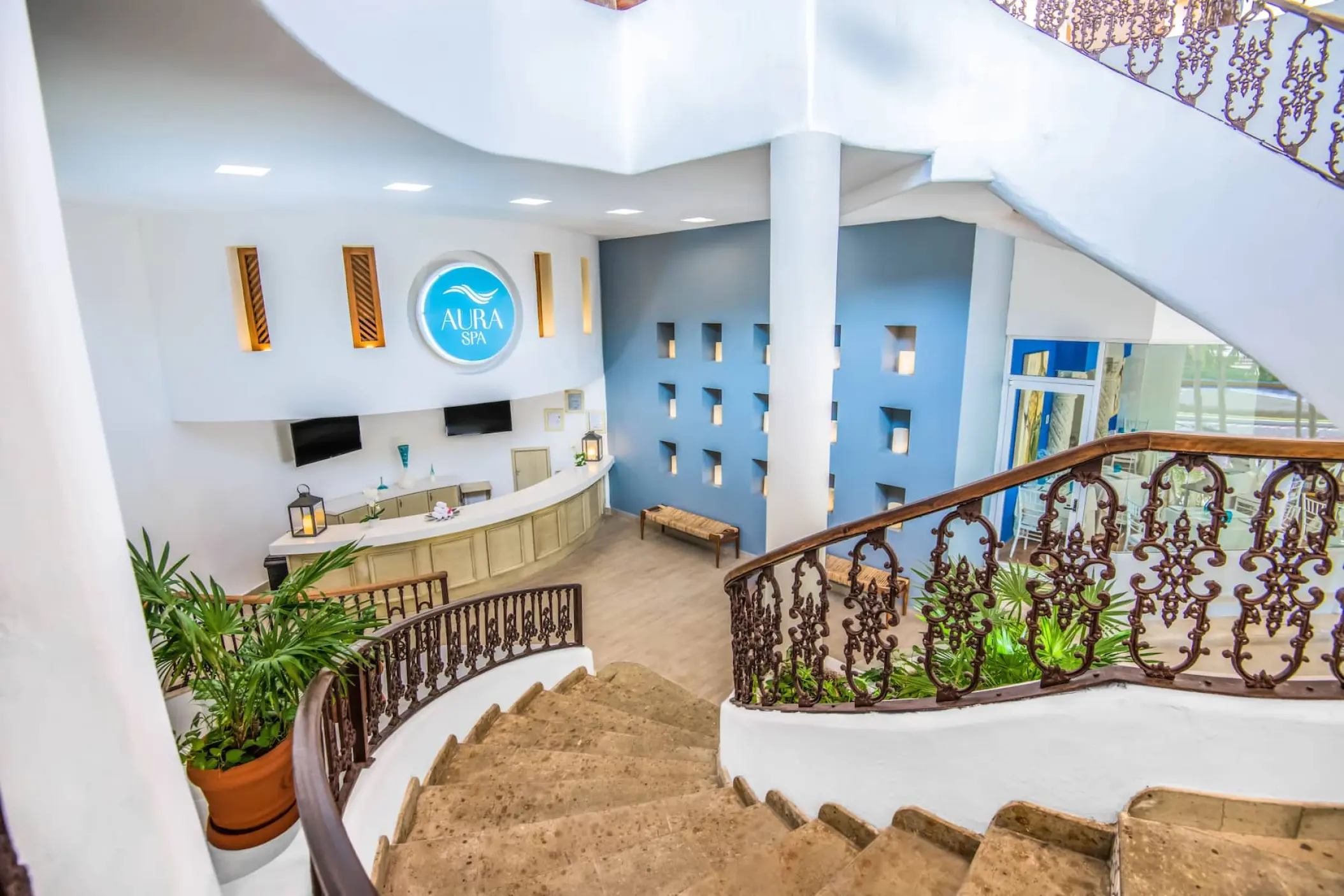 Wyndham Alltra Playa del Carmen lobby view from a grand staircase, Playa Del Carmen