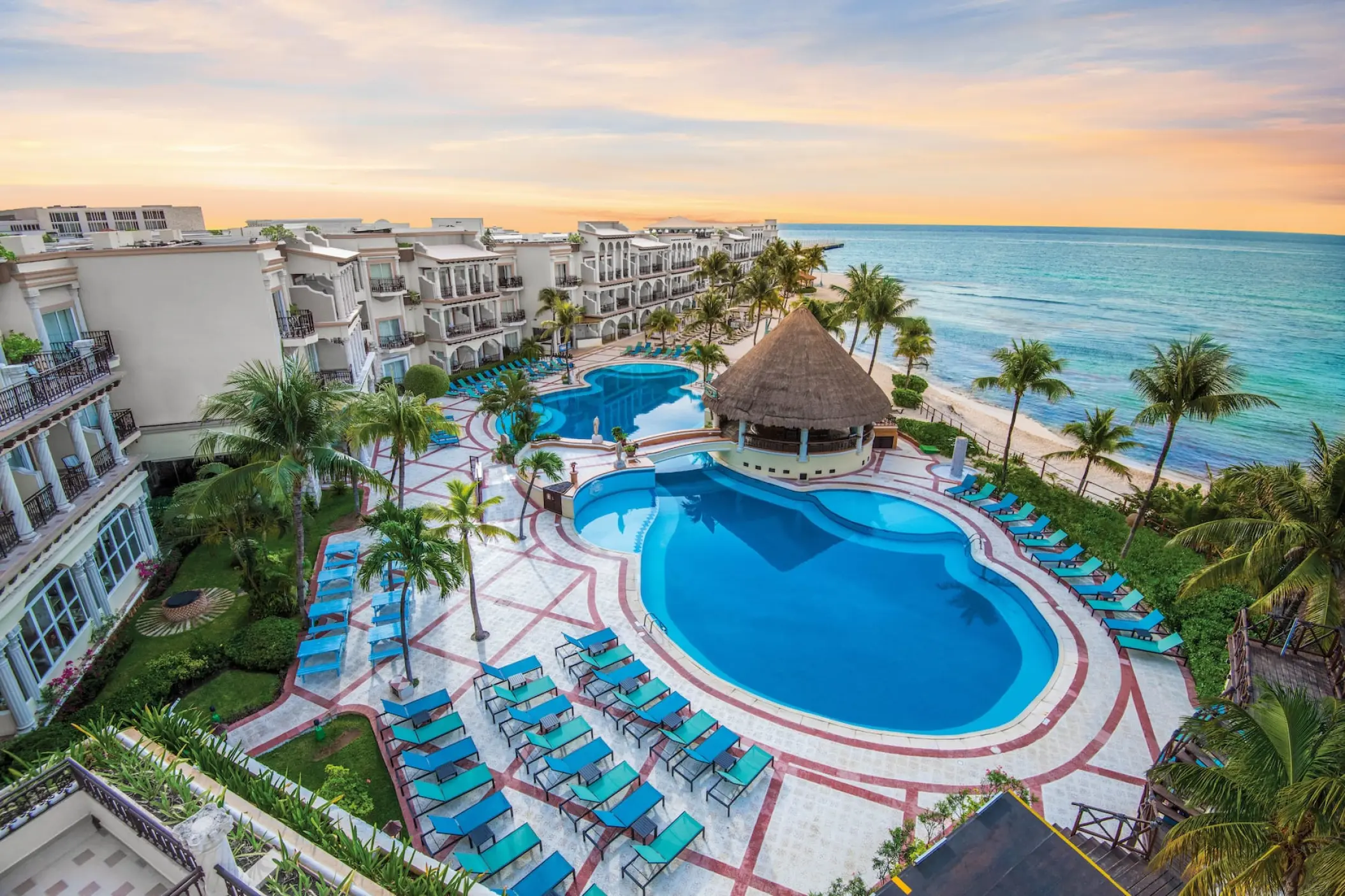 Aerial view of swimming pools and beach at Wyndham Alltra Playa del Carmen