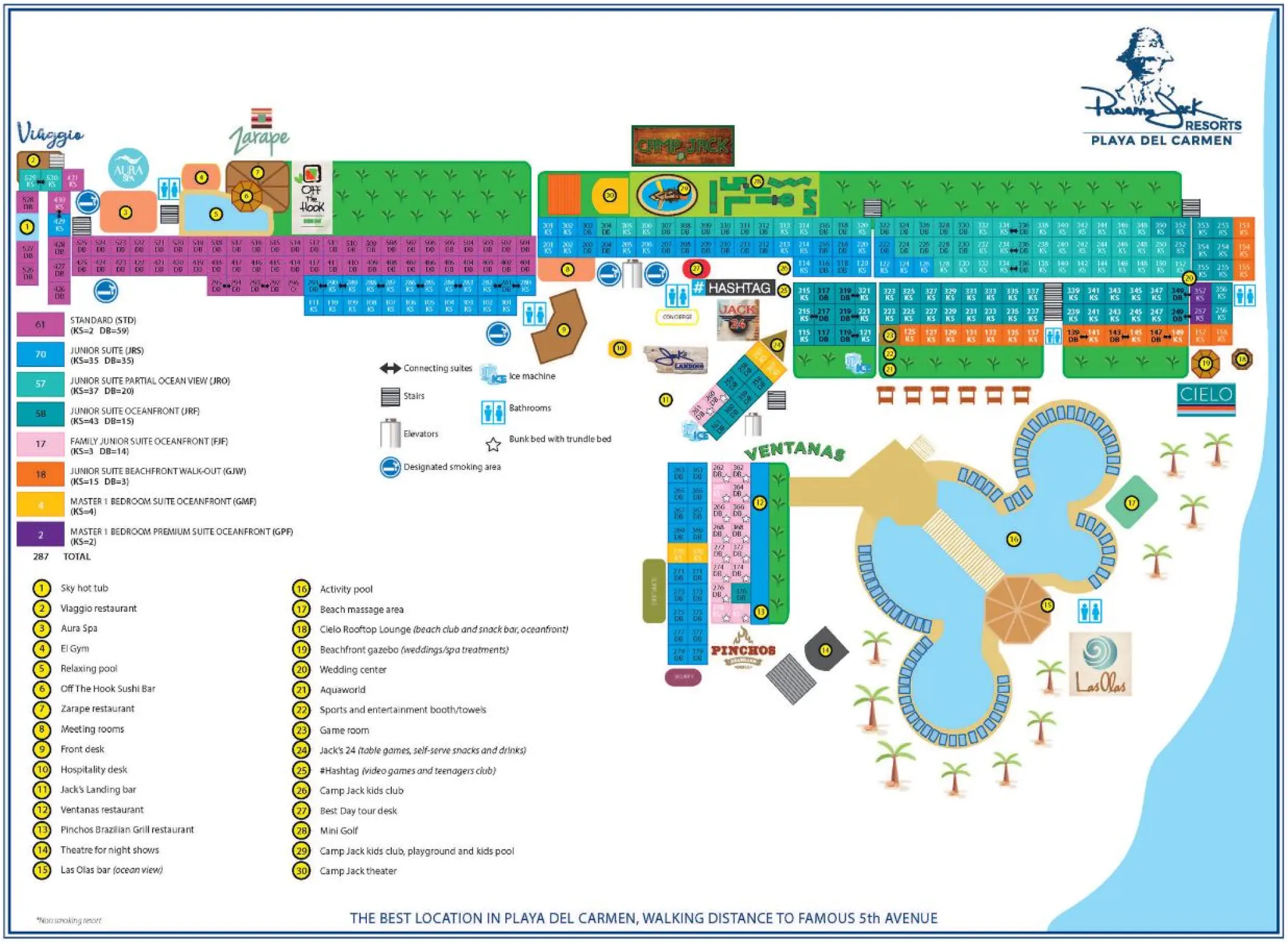Resort map of Wyndham Alltra Playa del Carmen showing pool areas, guest rooms, and beachfront access