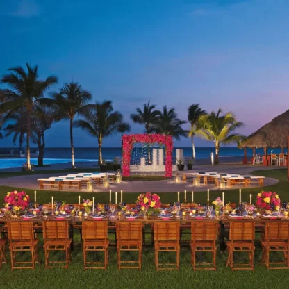 Ceremony and reception decor on the garden venue at Wyndham Alltra Riviera Nayarit.