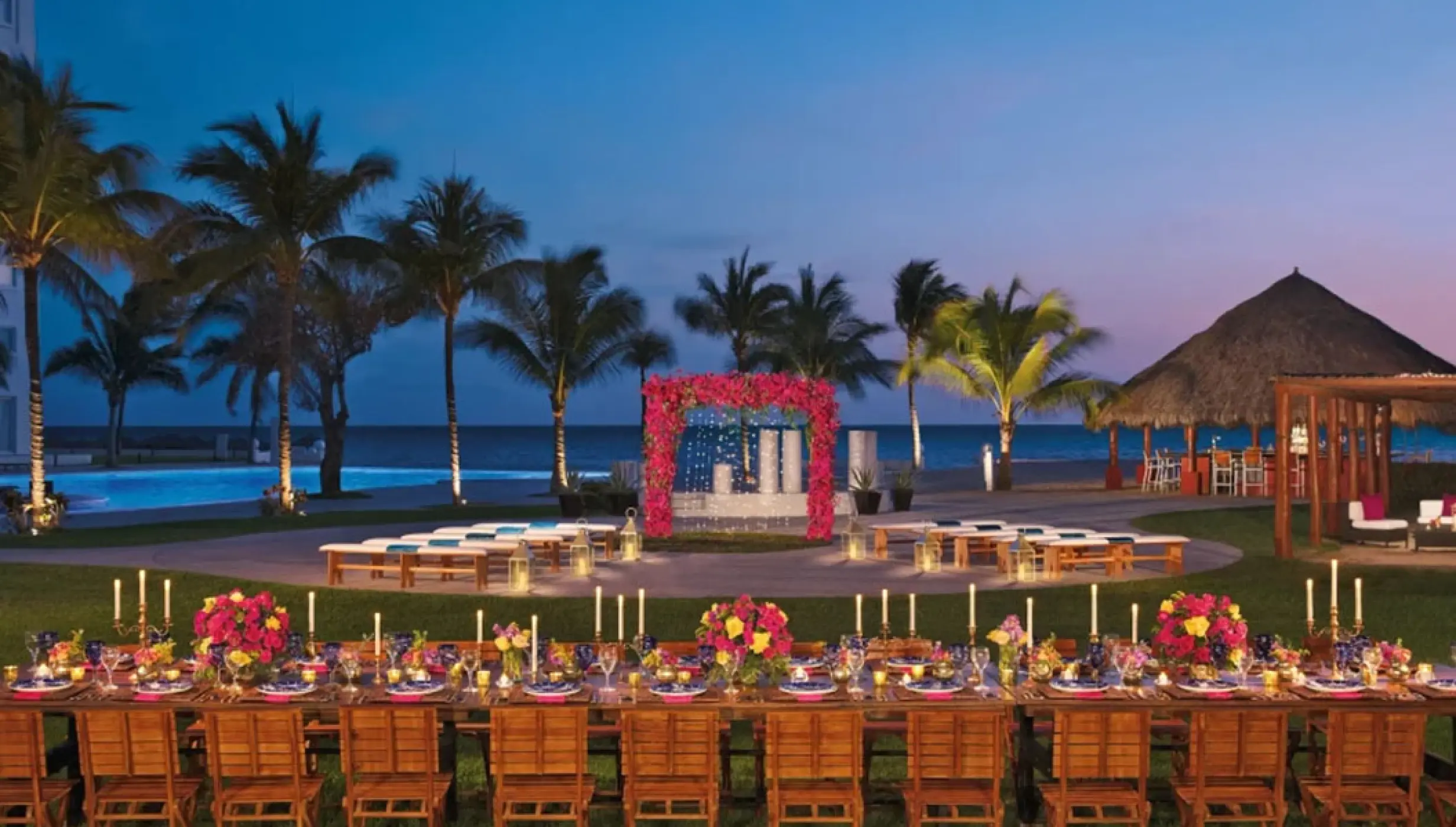 Evening wedding reception and ceremony setup at Wyndham Alltra Riviera Nayarit, Puerto Vallarta