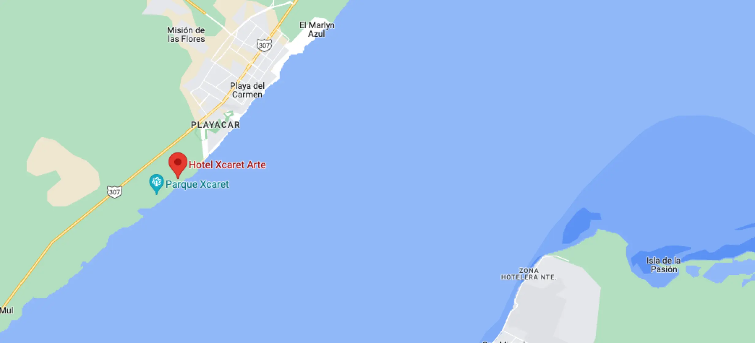 Map screenshot showing the location of Hotel Xcaret Arte on the coastline of Riviera Maya