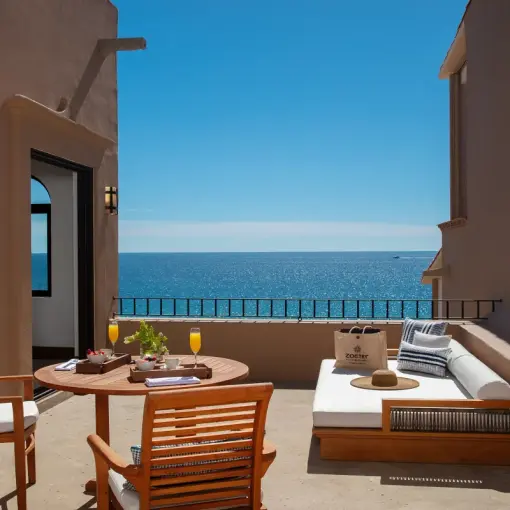 Private ocean-view terrace with a daybed and dining table at Zoetry Casa del Mar, Cabo San Lucas
