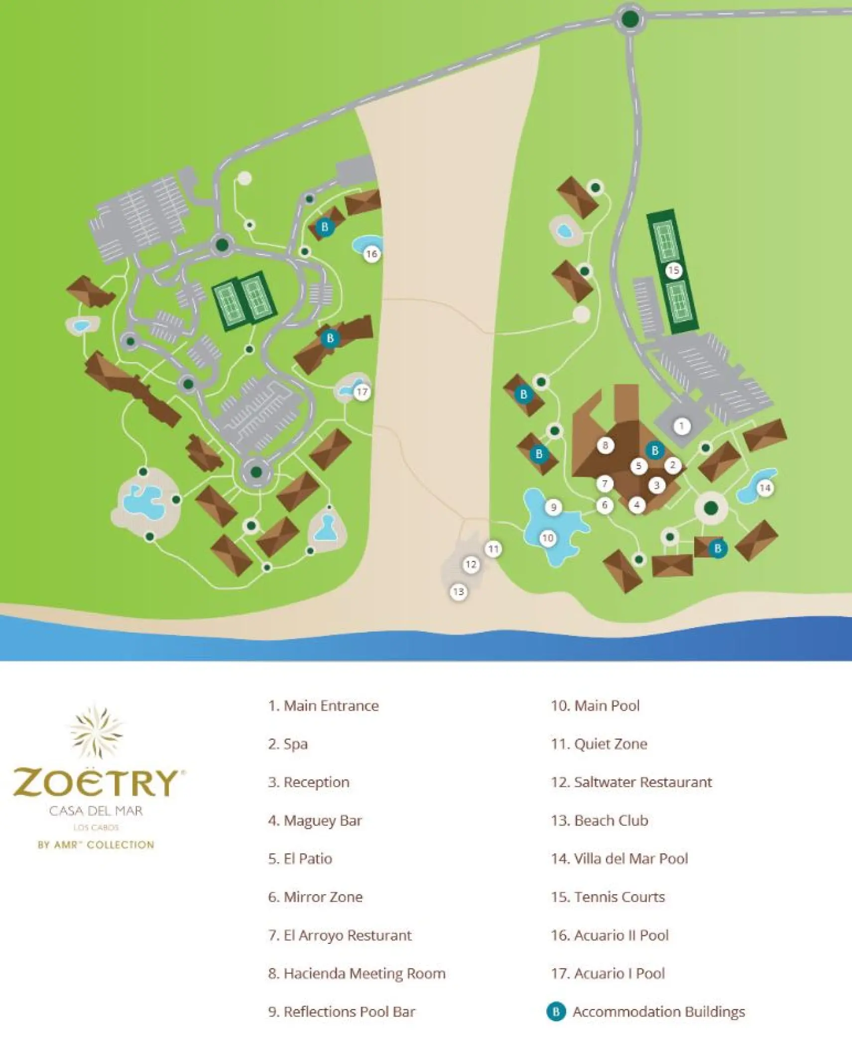 Resort map of Zoetry Casa del Mar, Cabo San Lucas showing pools, restaurants, and room locations