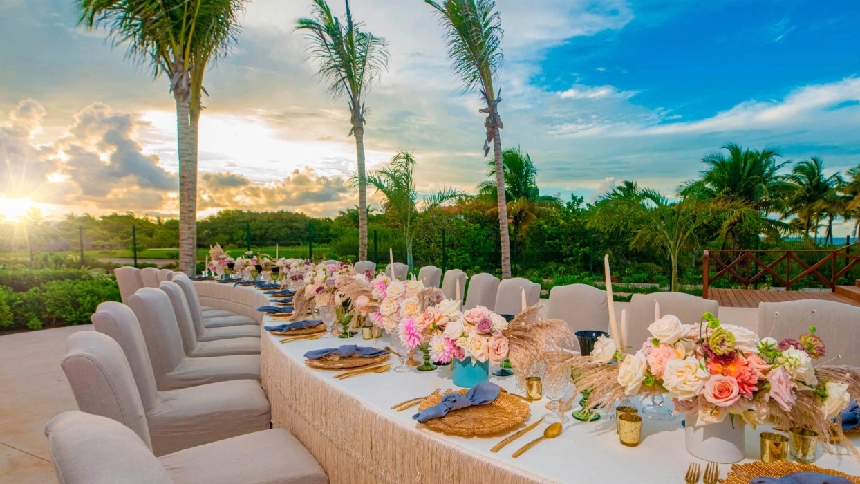 Wedding dinner reception in el cielo venue at atelier playa mujeres resort