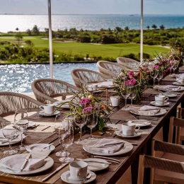 Wedding dinner reception in el cielo venue at atelier playa mujeres resort