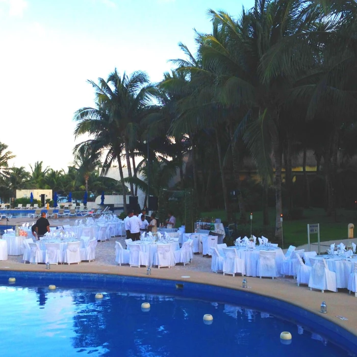 Dinner reception in Pool deck venue at Azul Beach Resort Riviera Cancun