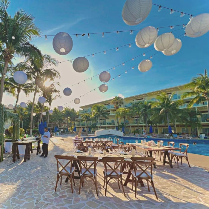 Dinner reception in Pool deck venue at Azul Beach Resort Riviera Cancun