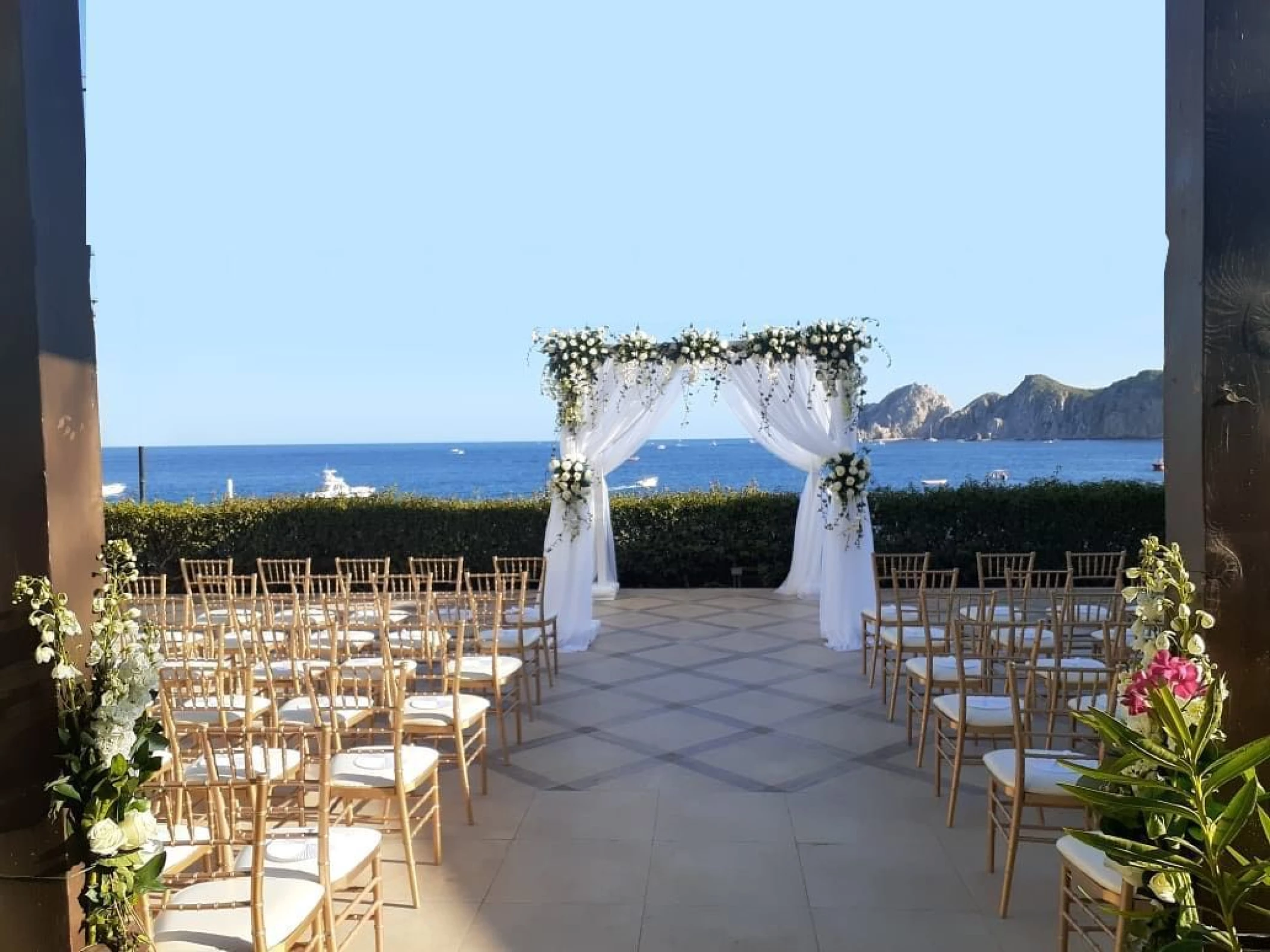 Ceremony decor on roof venue at Casa Dorada los cabos