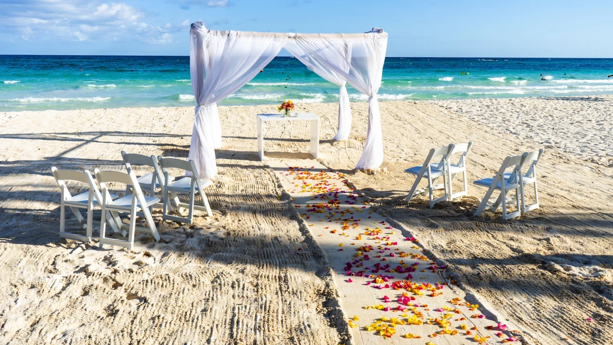 Ceremony decor on the beach at Catalonia Grand Costa Mujeres