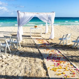 Ceremony decor on the beach at Catalonia Grand Costa Mujeres