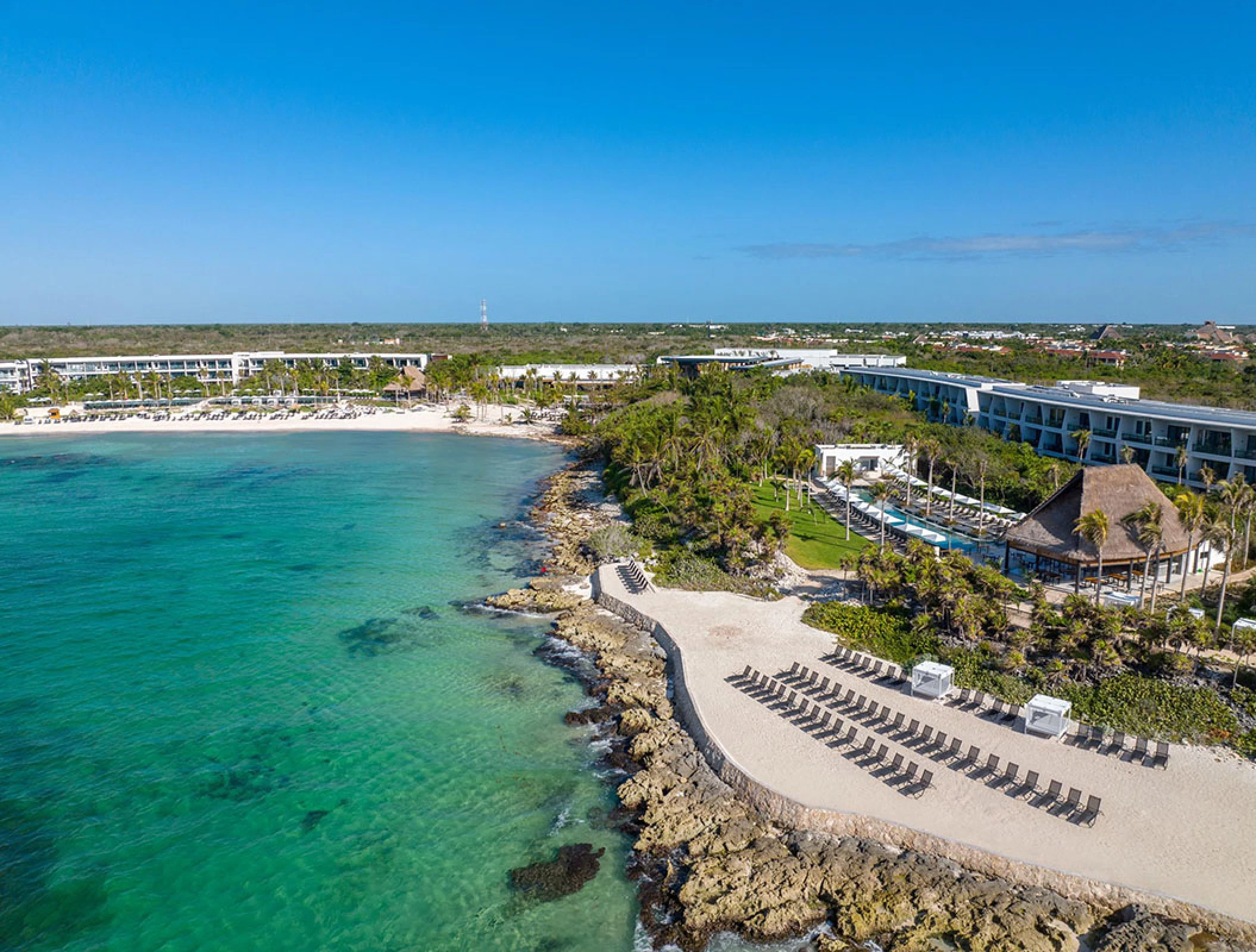 Aerial view of Carbon Beach at Conrad Tulum Riviera Maya.