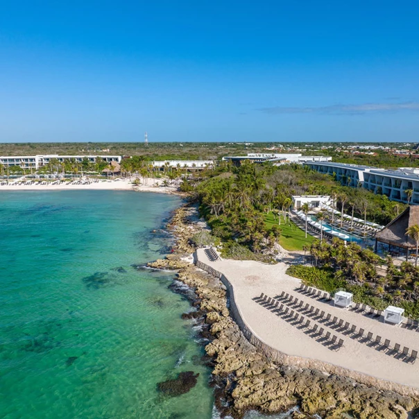 Aerial view of Carbon Beach at Conrad Tulum Riviera Maya.