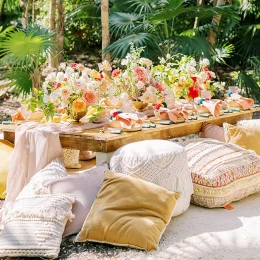 Reception setup at the beach in Hilton Tulum.