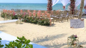 beach wedding venue with altar at El Dorado Casitas