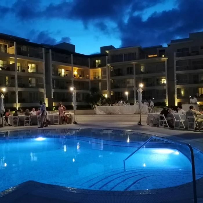 Dinner reception decor on the pool terrace at Dreams Jade resort and spa