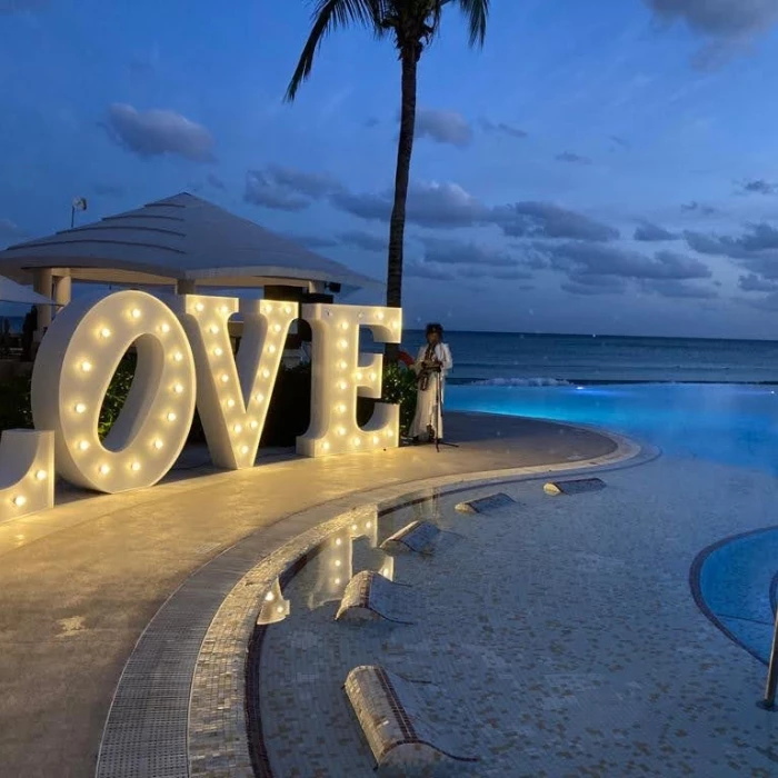 Decor on the pool terrace at Dreams Jade resort and spa