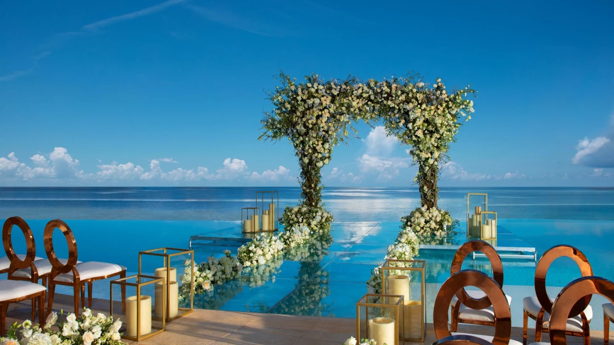 Infinity sky terrace wedding with altar at Dreams Natura Resort and Spa